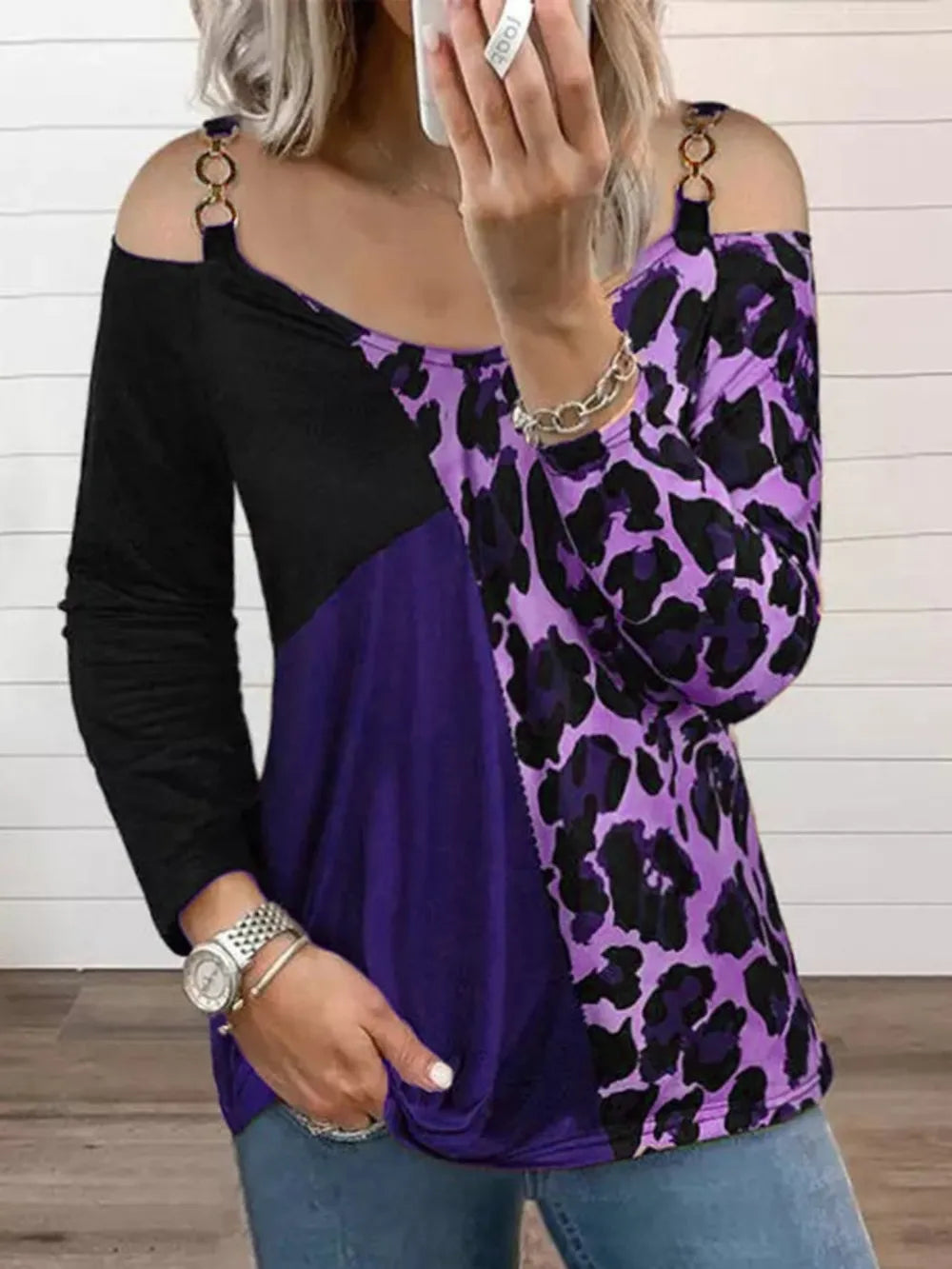 Full Size Leopard Cold Shoulder Long Sleeve T-shirt