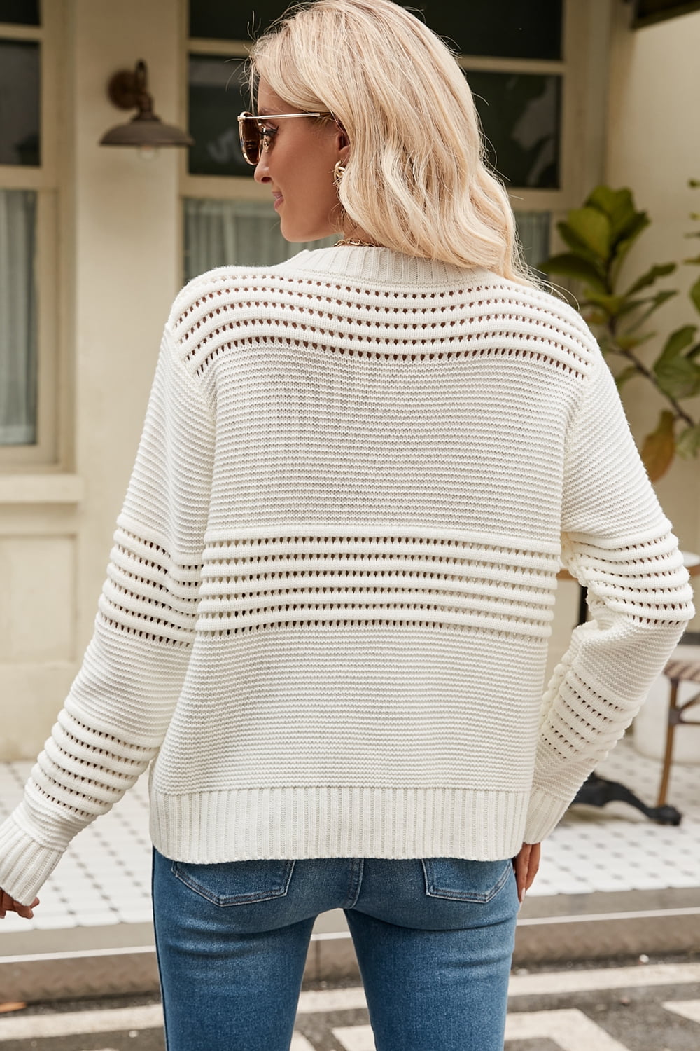 Round Neck Openwork Long Sleeve Pullover Sweater (12)