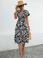 Printed V-neck Short Sleeve Dress (3)