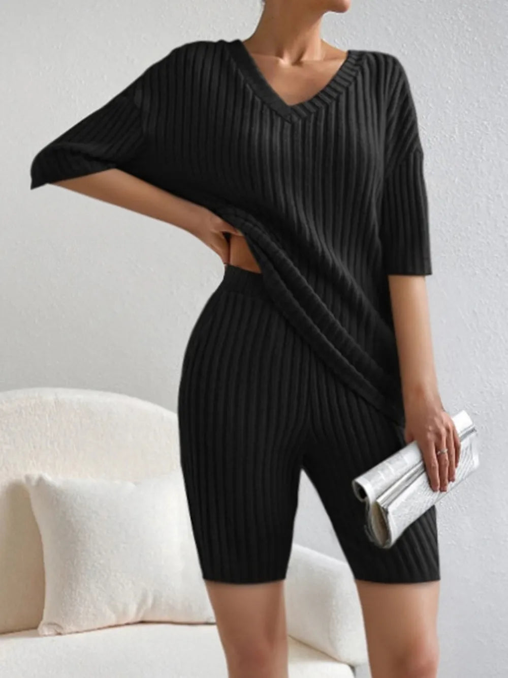 Ribbed V-neck Top Shorts Set (8)