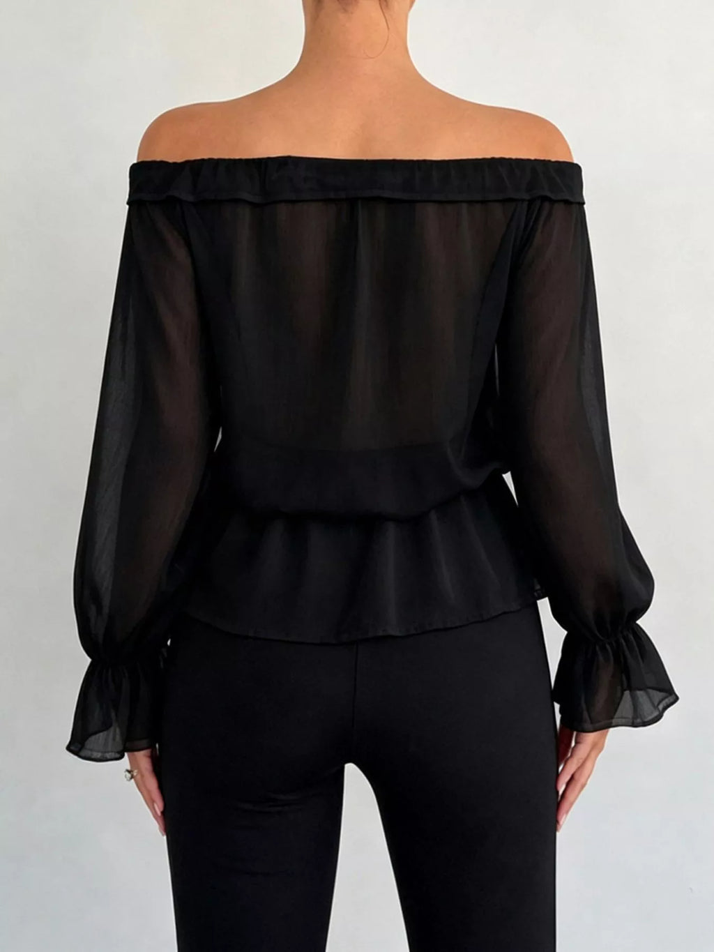 Off-shoulder Flounce Sleeve Chiffon Blouse (5)