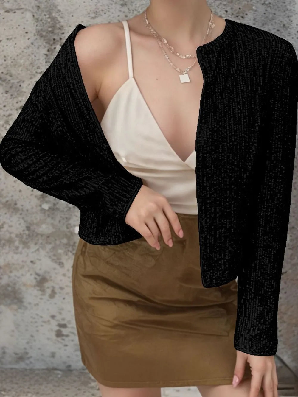 Full Size Sequin Open Front Cropped Jacket (8)