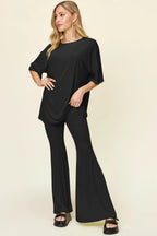 Full Size Round Neck Drop Shoulder T-shirt Flare Pants Set (8)