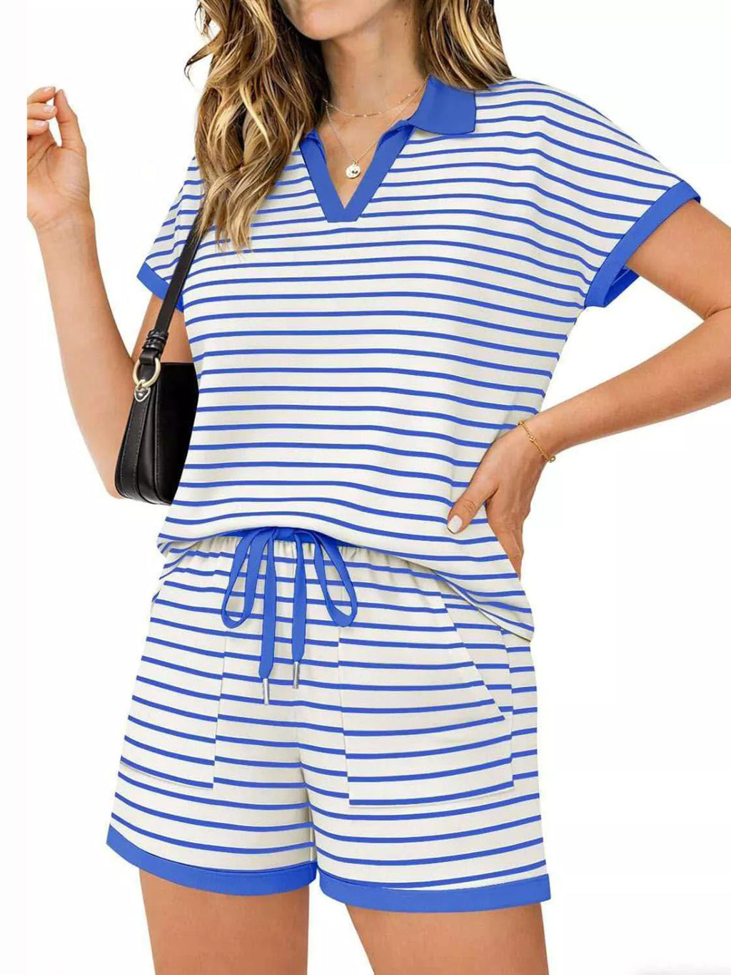 Striped Short Sleeve Polo Shorts Set (15)