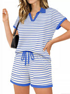 Striped Short Sleeve Polo Shorts Set (15)