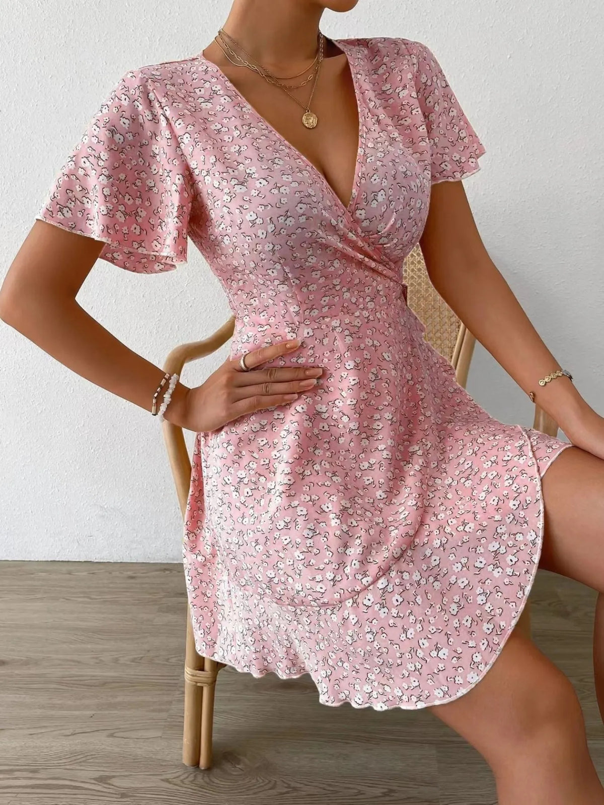 Floral Flutter Sleeve Wrap Mini Dress (13)