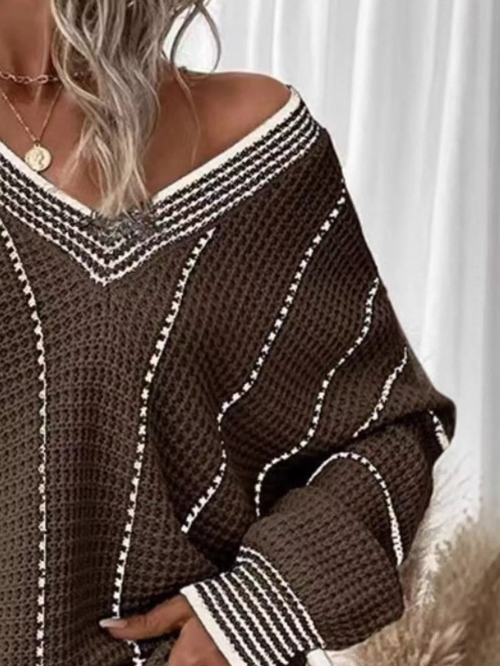 V-neck Textured Knit Sweater (2)