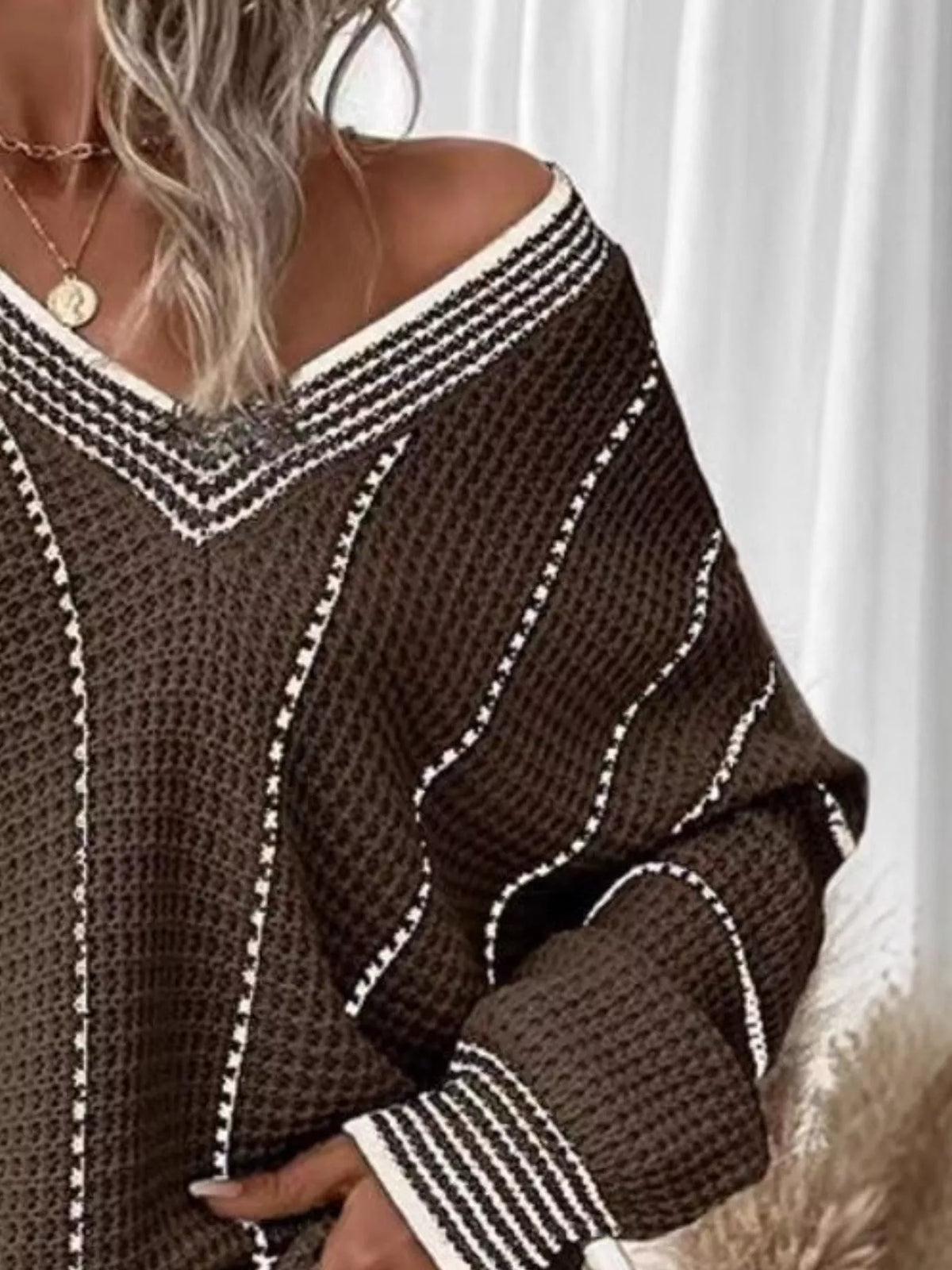 V-neck Textured Knit Sweater (2)