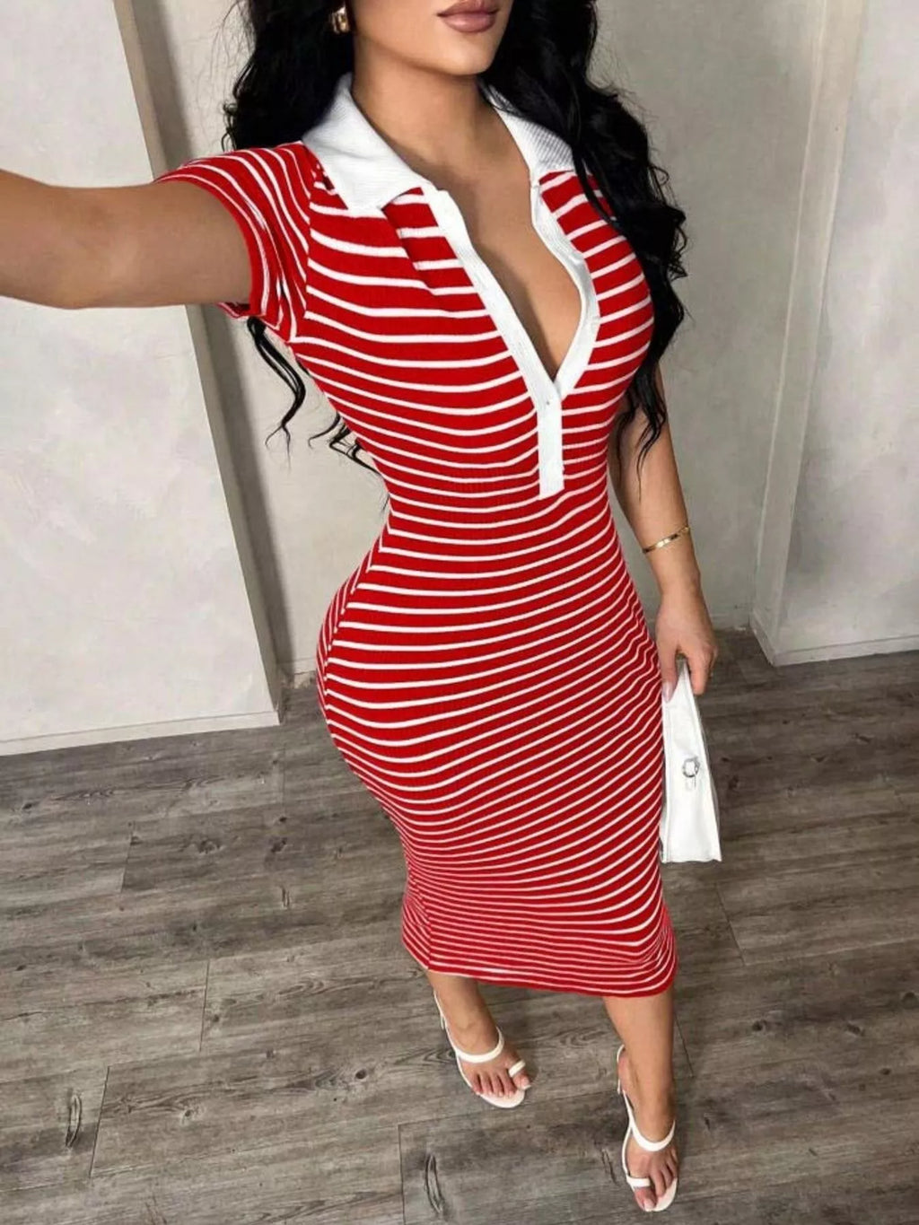 Striped Polo Collar Midi Dress (27)