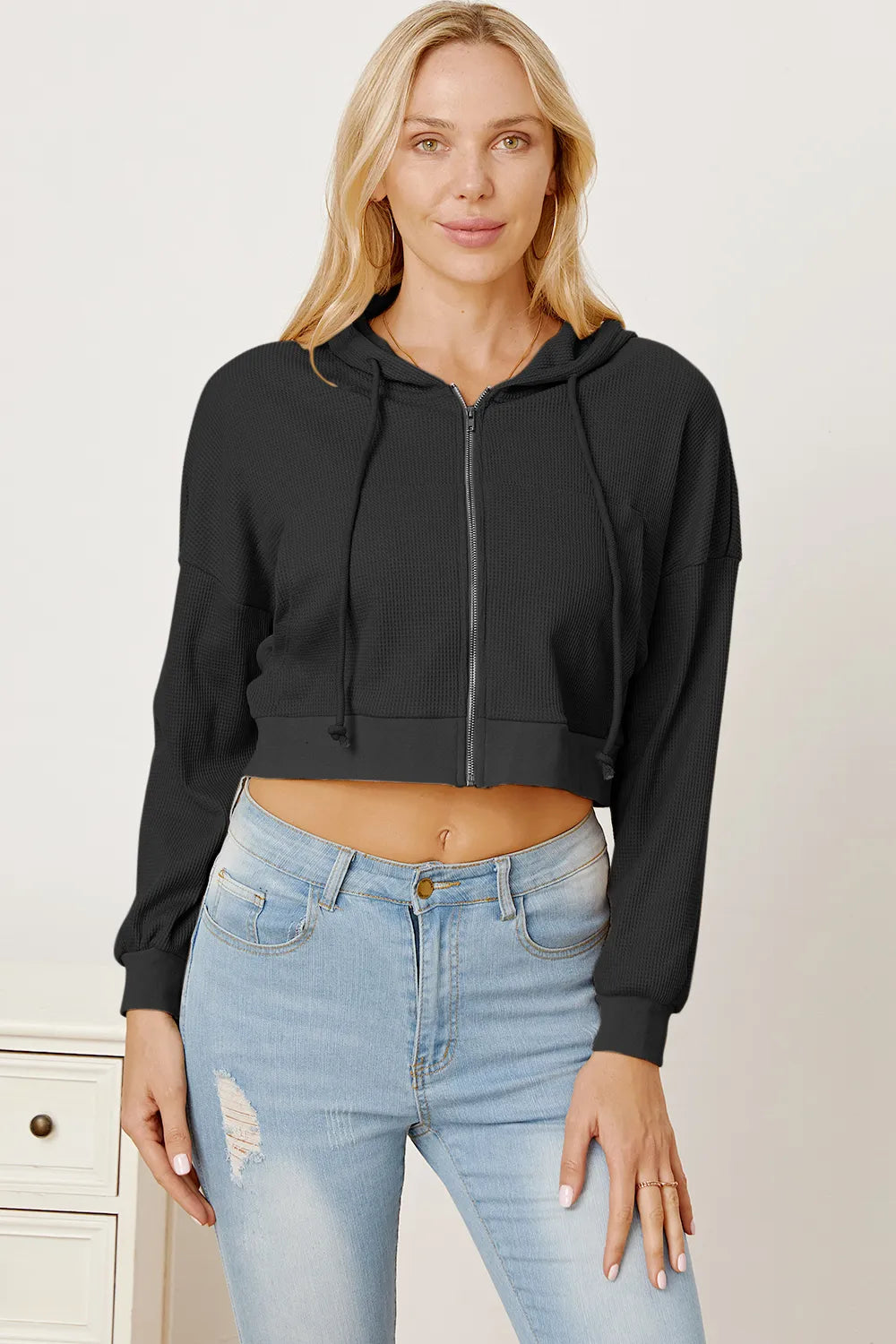 Waffle-knit Drawstring Zip Up Hoodie (18)