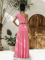 One-shoulder Top Ruched Maxi Skirt Set (2)