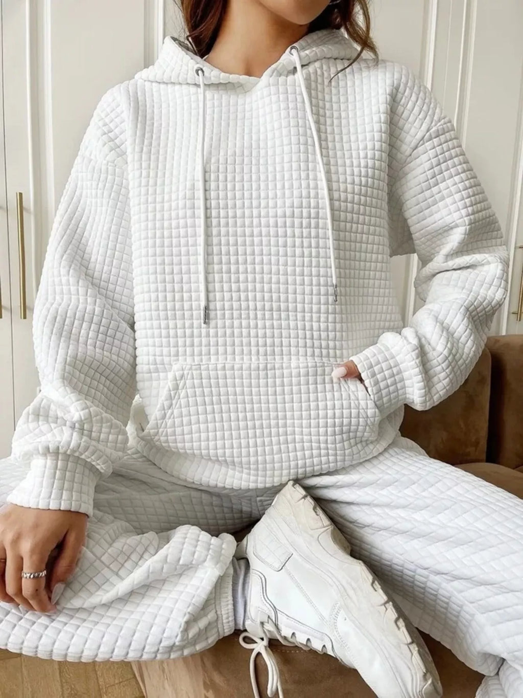 Waffle Knit Hoodie Drawstring Details