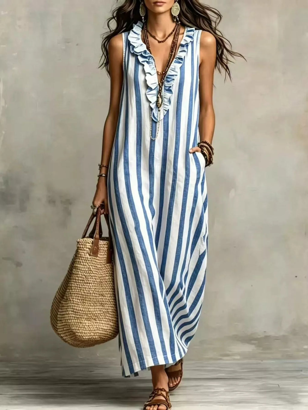 Full Size Sleeveless Striped Ruffle V-neck Maxi Dress Plus
