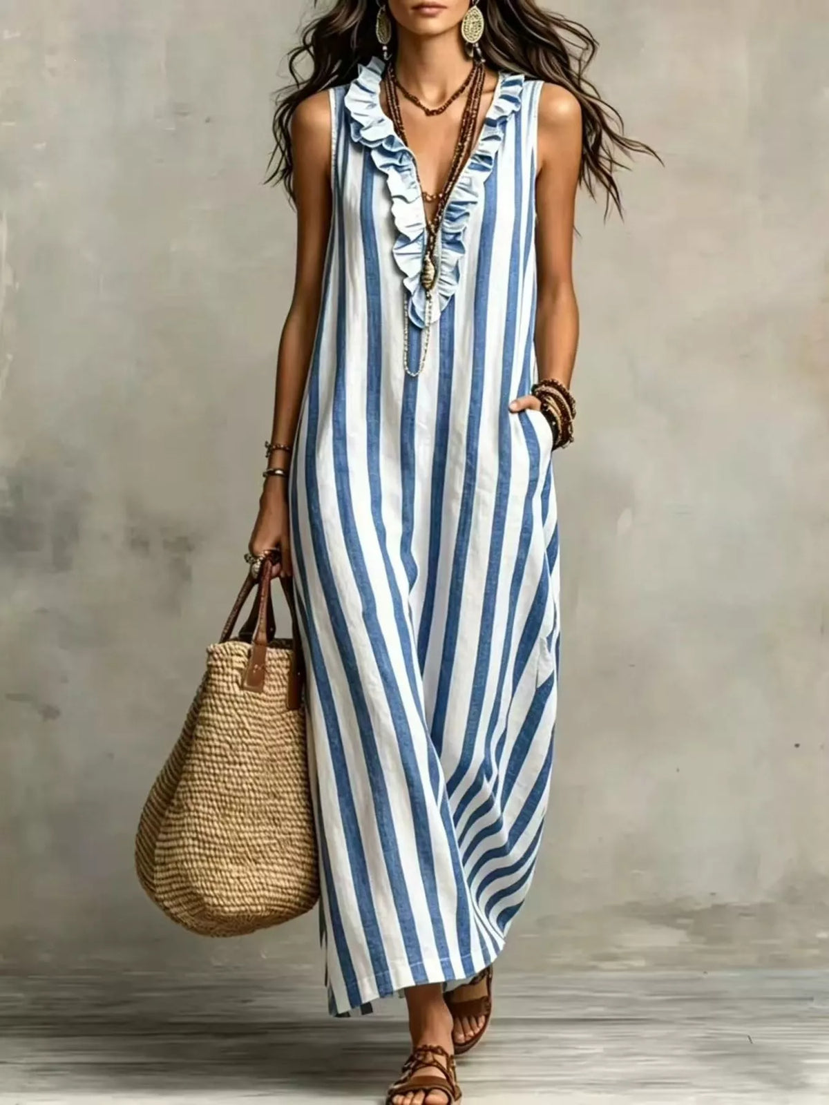 Full Size Sleeveless Striped Ruffle V-neck Maxi Dress Plus