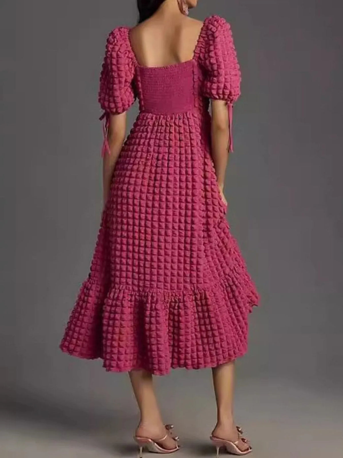 Textured Sweetheart Neck Short Sleeve Dress (17)