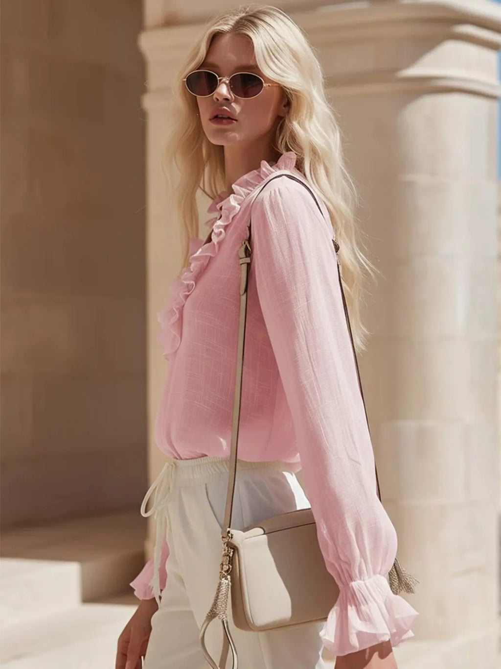 Ruffled V-neck Long Sleeve Blouse (2)