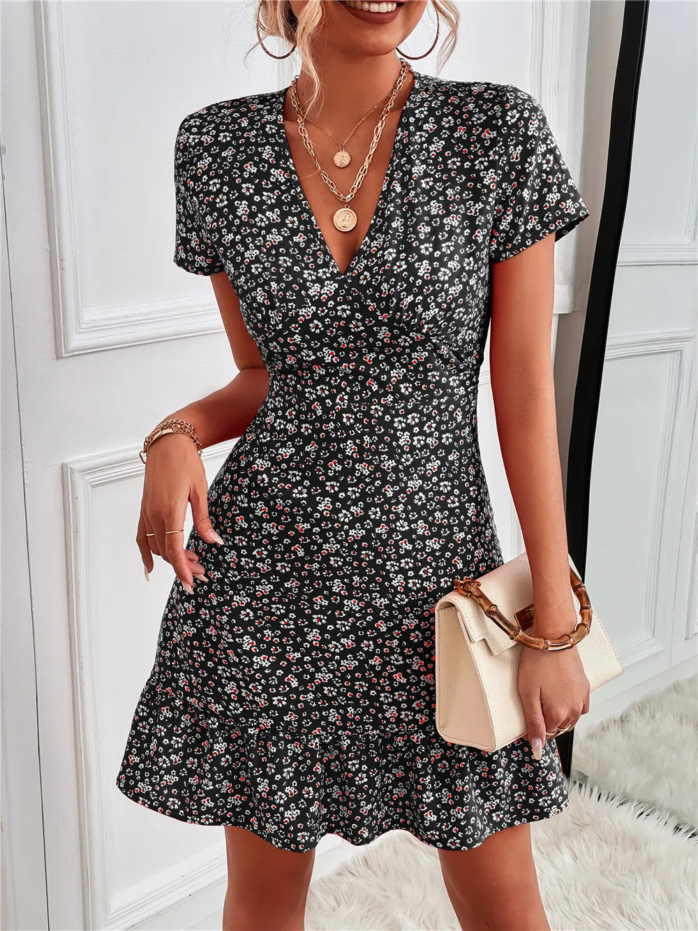 Printed Ruffled Hem V-neck Short Sleeve Mini Dress (11)