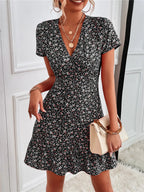 Printed Ruffled Hem V-neck Short Sleeve Mini Dress (11)