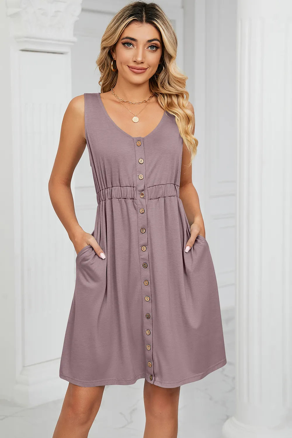 Buttoned Wide Strap Mini Dress (6)