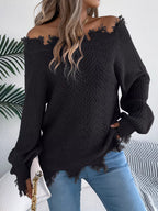 Distressed Hem Openwork Off-shoulder Sweater (8)