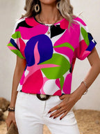 Contrast Round Neck Short Sleeve Blouse