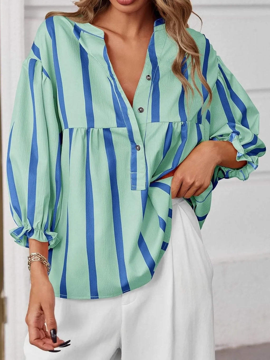 Striped Button Front Notched Blouse (2)