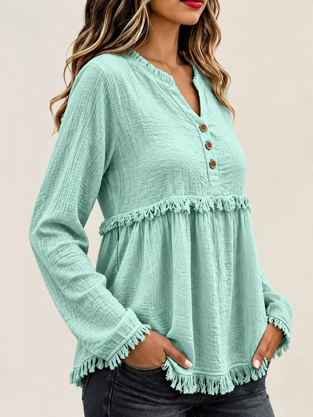 Full Size Frayed Hem Button Detail Blouse Plus (37)