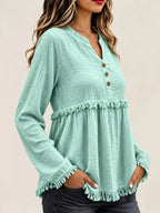 Full Size Frayed Hem Button Detail Blouse Plus (37)