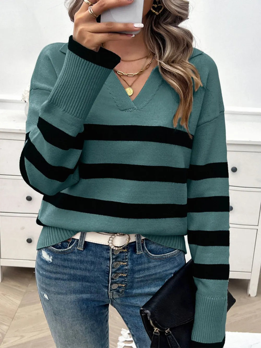Striped Collared Neck Long Sleeve Sweater (19)