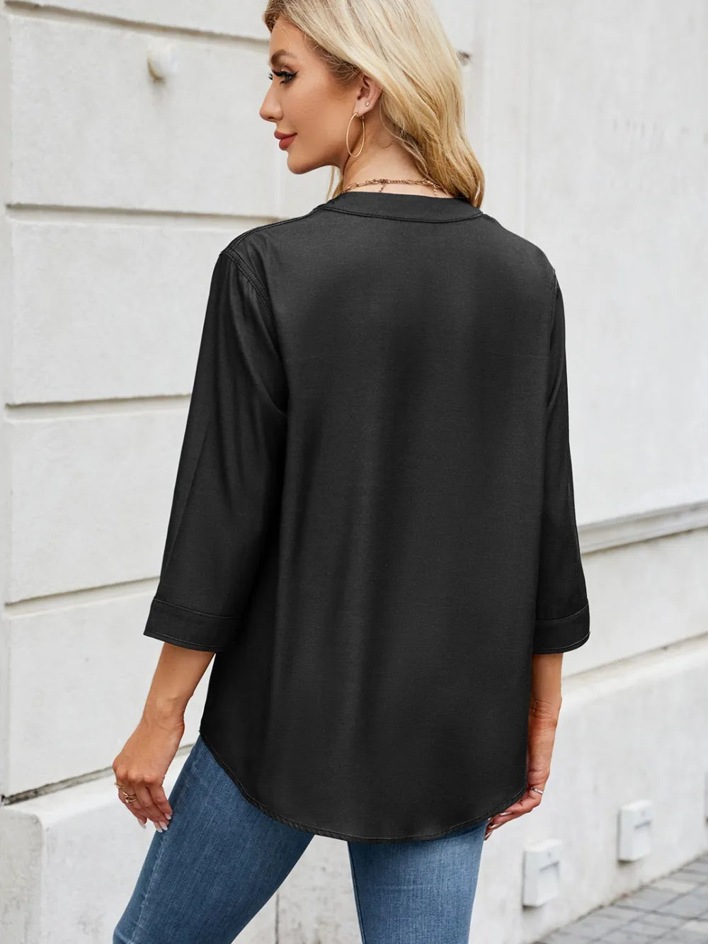 Notched Three-quarter Sleeve Denim Top (3)