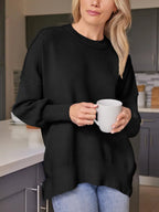 Slit Round Neck Dropped Shoulder Sweater (6)