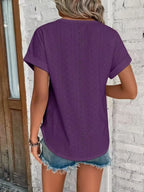 Eyelet Round Neck Short Sleeve T-shirt (11)