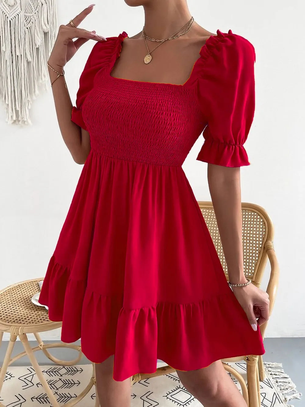 Smocked Square Neck Short Sleeve Dress (11)