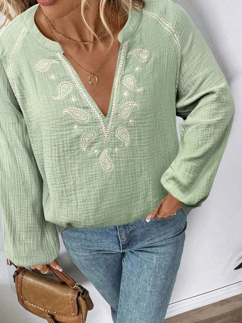 Paisley Notched Balloon Sleeve Blouse (21)