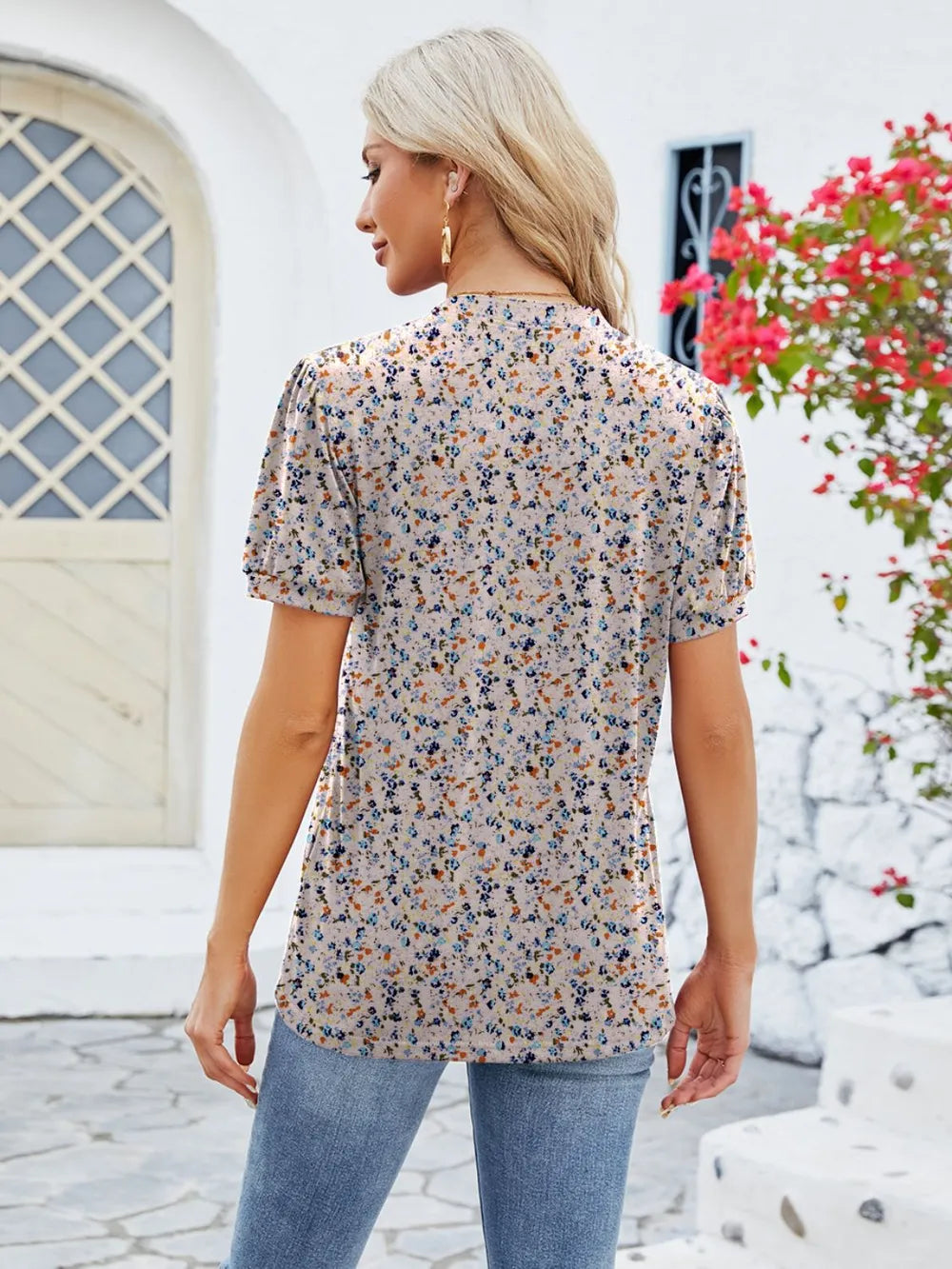 Ruched Printed Notched Short Sleeve Blouse (17)