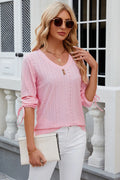 Eyelet Drawstring V-neck Half Sleeve T-shirt