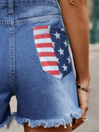 American Flag Raw Hem Denim Shorts Pockets (5)