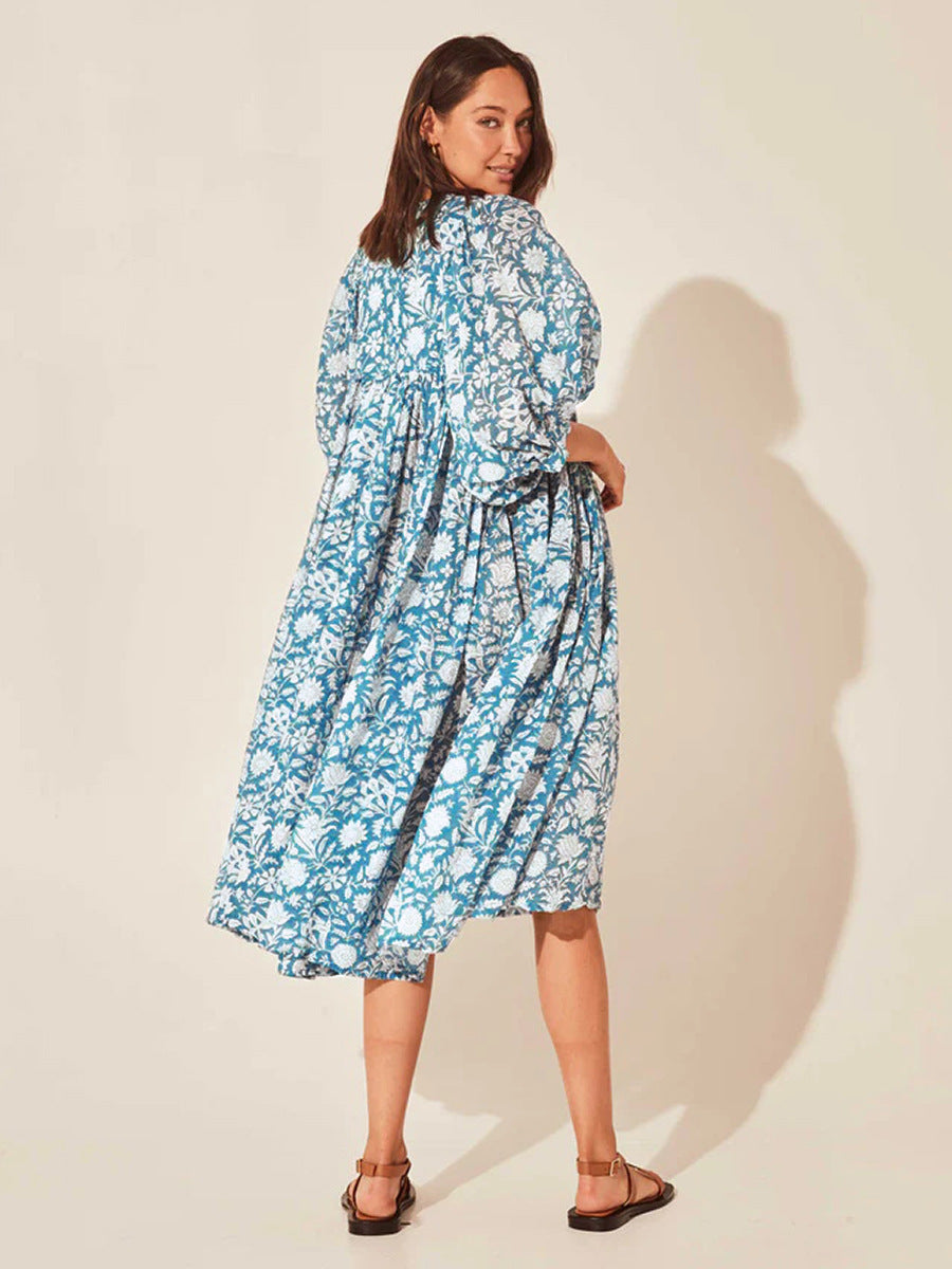 Floral Tie Neck Lantern Sleeve Dress (2)