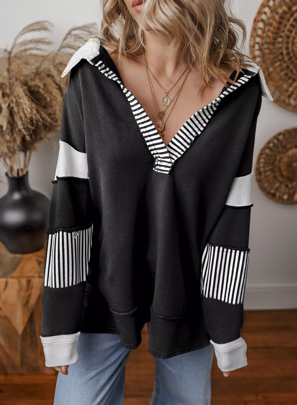 Block Striped Johnny Collar Sweatshirt (25)