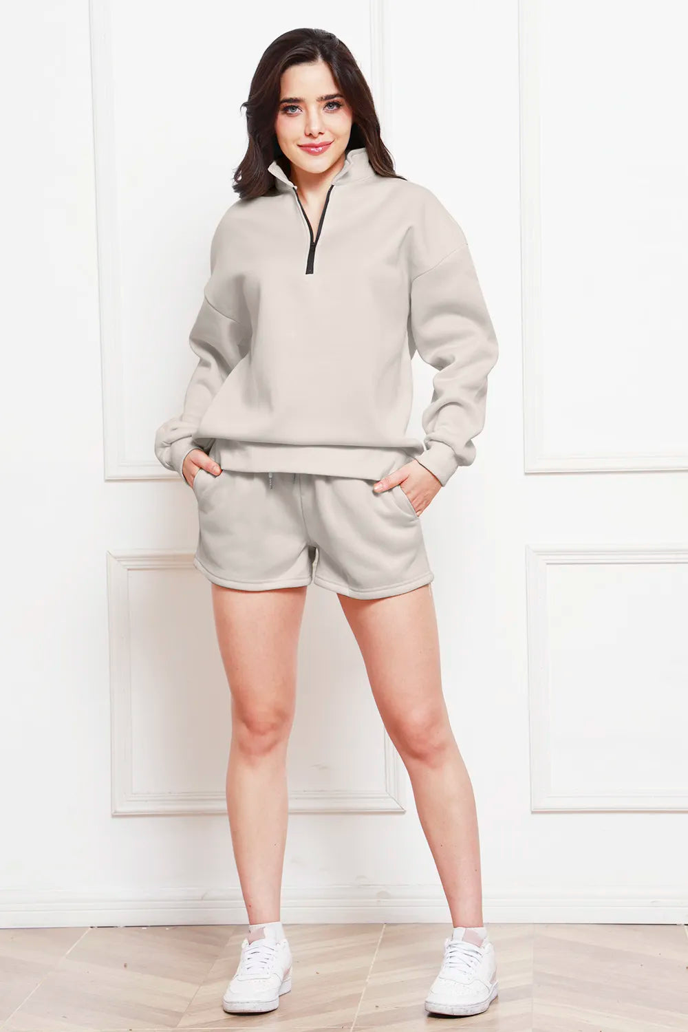 Half Zip Long Sleeve Sweatshirt Drawstring Shorts Set (16)