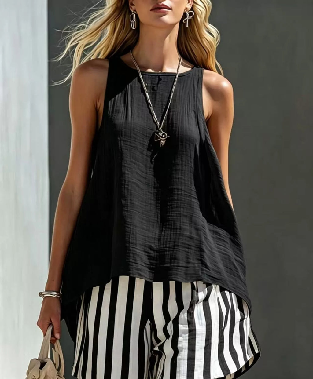 Round Neck Tank Striped Shorts Set