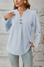 Decorative Button Notched Long Sleeve Blouse (2)