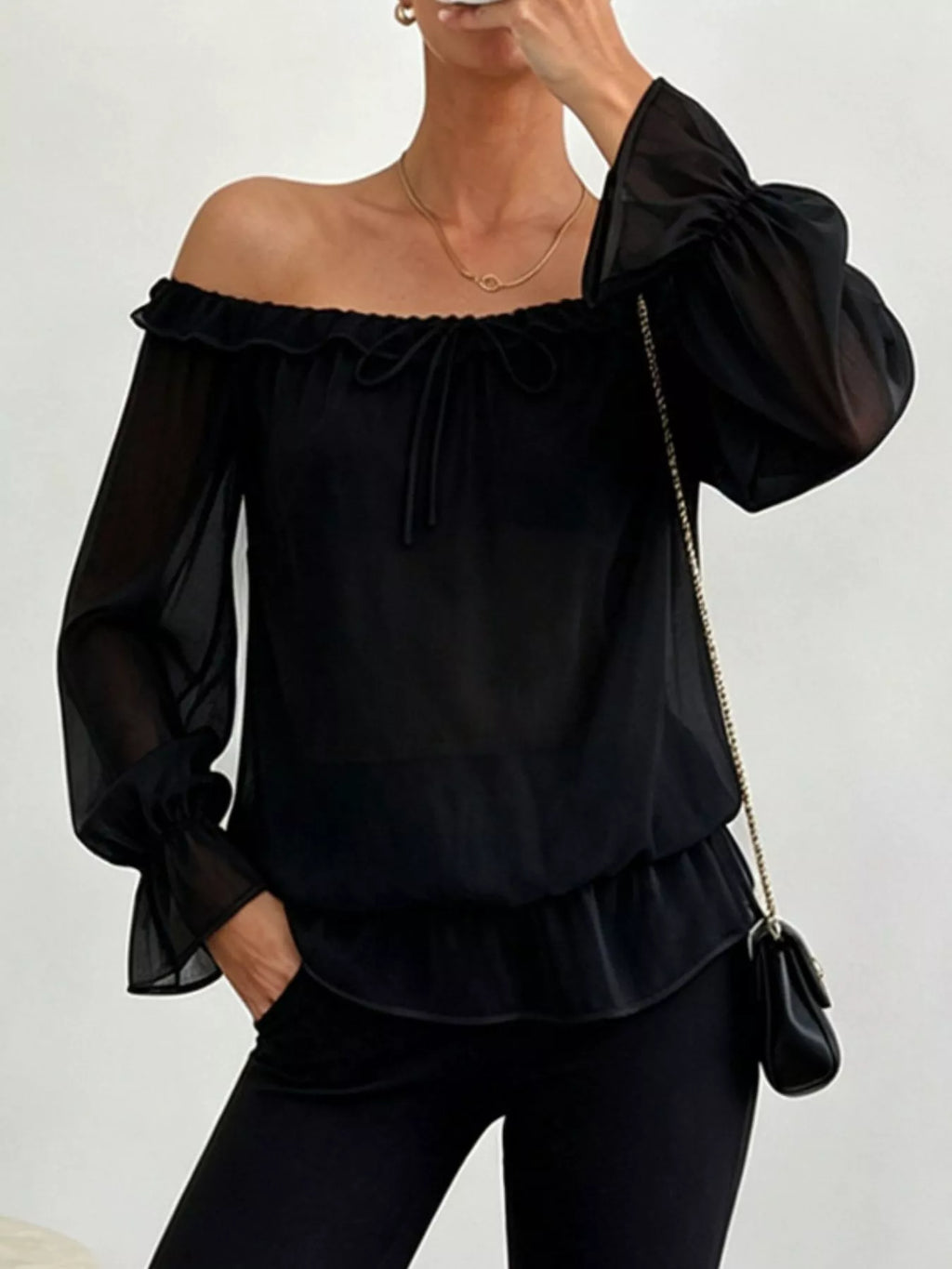 Off-shoulder Flounce Sleeve Chiffon Blouse (3)