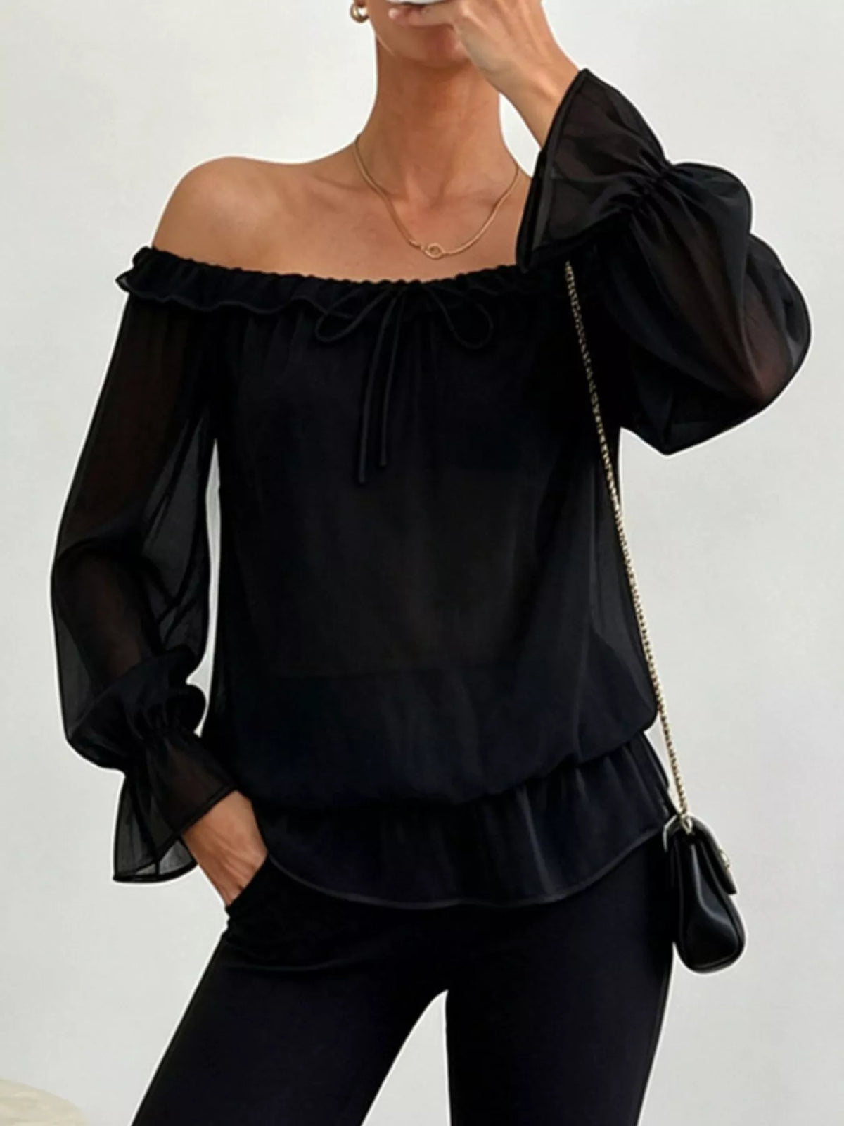 Off-shoulder Flounce Sleeve Chiffon Blouse (3)