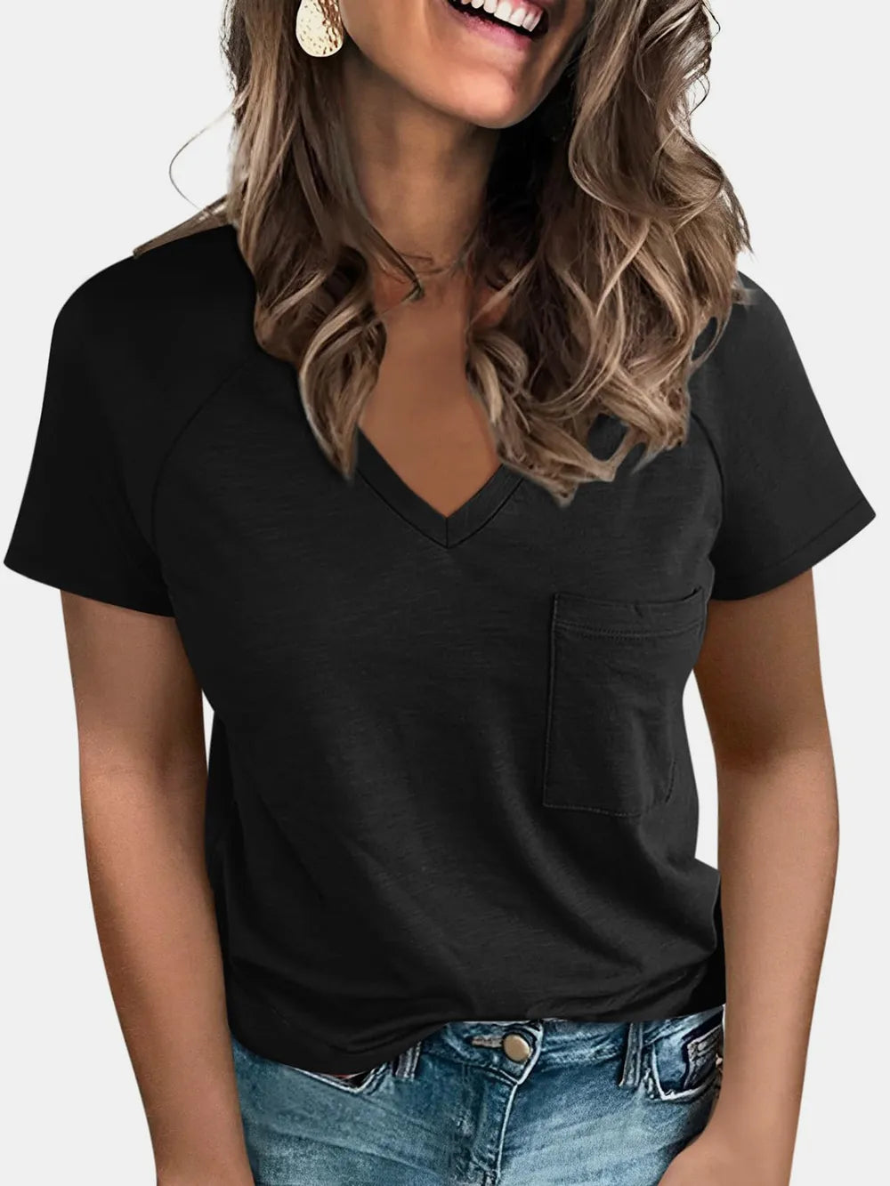 Pocketed V-neck Short Sleeve T-shirt