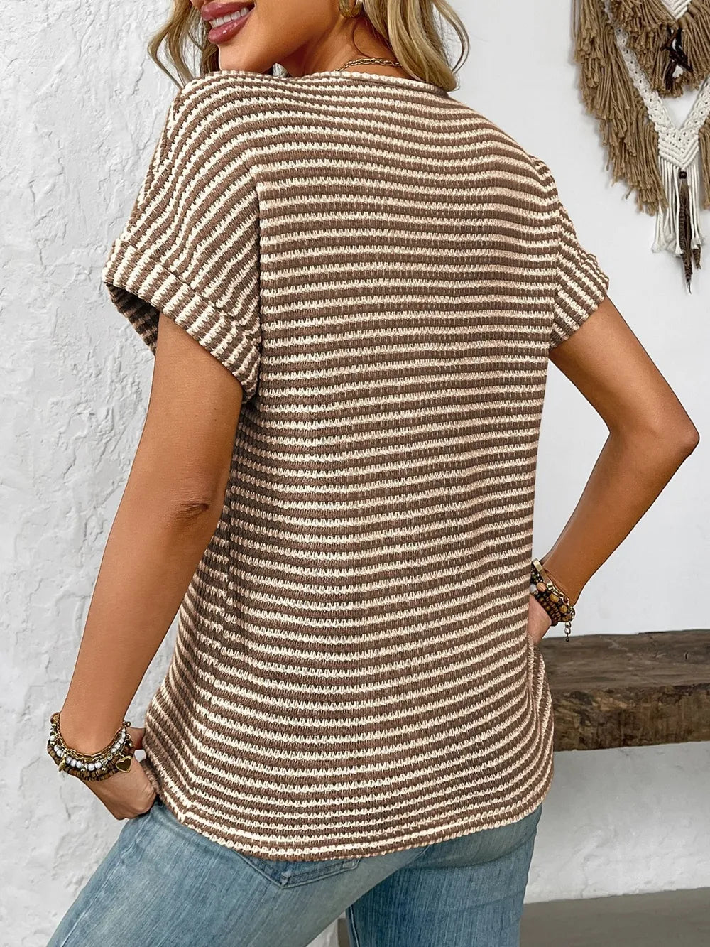 Striped Notched Short Sleeve T-shirt (11)
