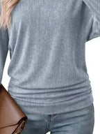 Long Sleeve Crew Neck Casual T-shirt Ruched Hem (20)
