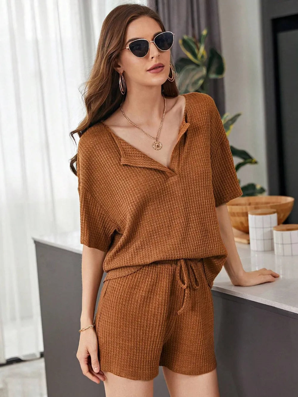 Full Size Waffle-knit Dropped Shoulder Top Shorts Set (16)