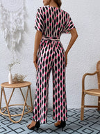 Printed Surplice Tie Waist Short Sleeve Jumpsuit (5)