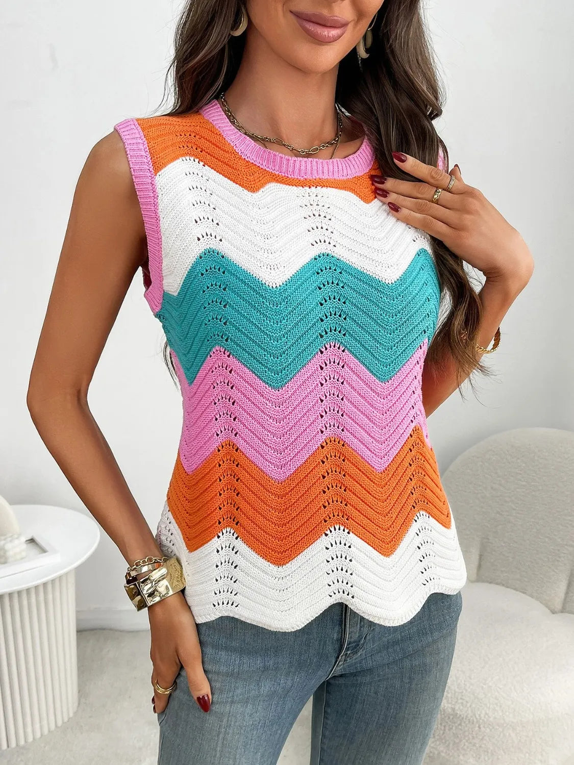 Block Round Neck Sweater Vest (5)